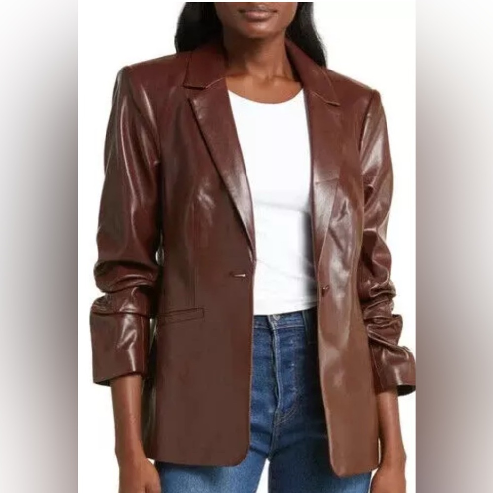 Princess Polly Women's Brown Faux Leather Blazer Jacket - Classic Tailored Coat